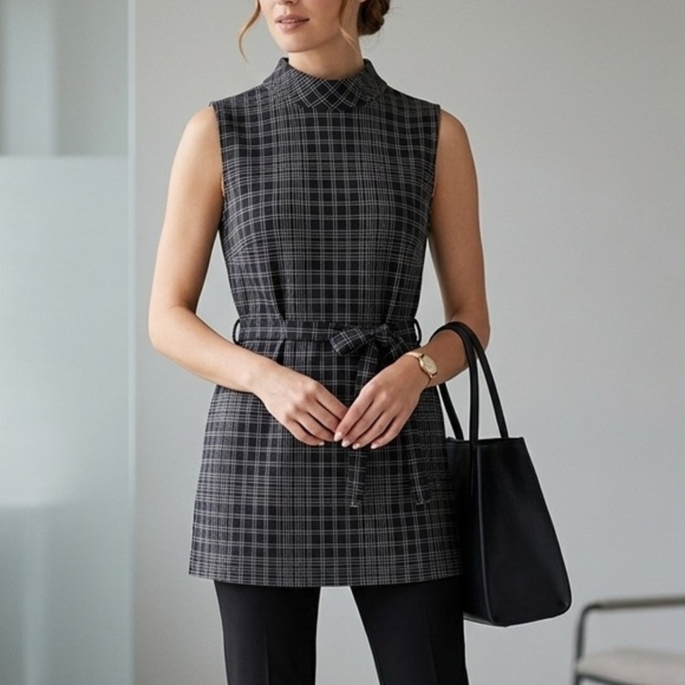 THEORY Mock Neck Tunic Structured Knit Pattern Sleeveless Top